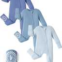 PATPAT Baby Footies Boys Girls - Bamboo Viscose - Zipper & Non-Slip Soles Romper Mitten - Footed & Footless Infant Clothes (12-18 Months, Blue)