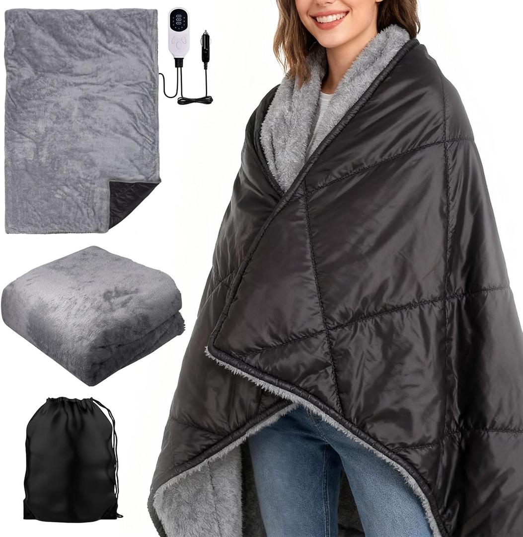 2 IN 1 Reversible Heated Car Blanket 57"x40" Heated Blanket 12V Electric Throw Temp Control Auto Off Portable Travel Blanket for Car Truck RV Van Vehicle Winter Outdoor Camping Road Trip Warmer
