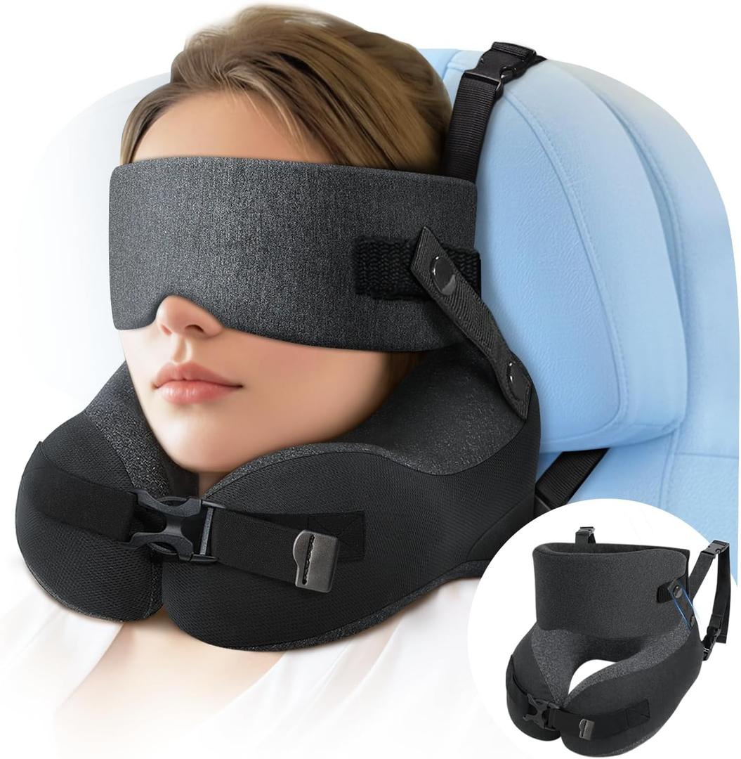 Travel Pillow for Long Flight Airplanes, Head Strap with Soft Eye Mask for Sleep, Memory Foam Travel Neck Pillow for Car Trip Essential, 360 Headrest Support to Stop Bobblehead, EVA Travel Case, Grey