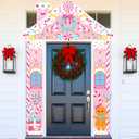 3 Pcs Pink Candy Christmas Door Decorations Gingerbread House Front Door Cover Banner Porch Sign Xmas Hanging Decoration Party Supplies for Holiday Winter Classroom Home Office Ornament
