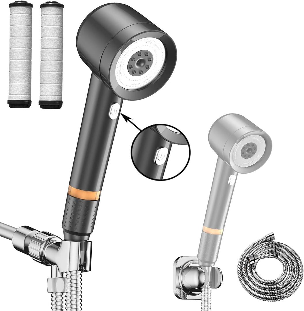 Shower Head with Handheld, High Pressure Shower HeadS with Pause Switch 4 Spray Modes Filter Showerhead with 79 in Hose, Adhesive Wall Mount，Bracket and Replace Filter (Grey)