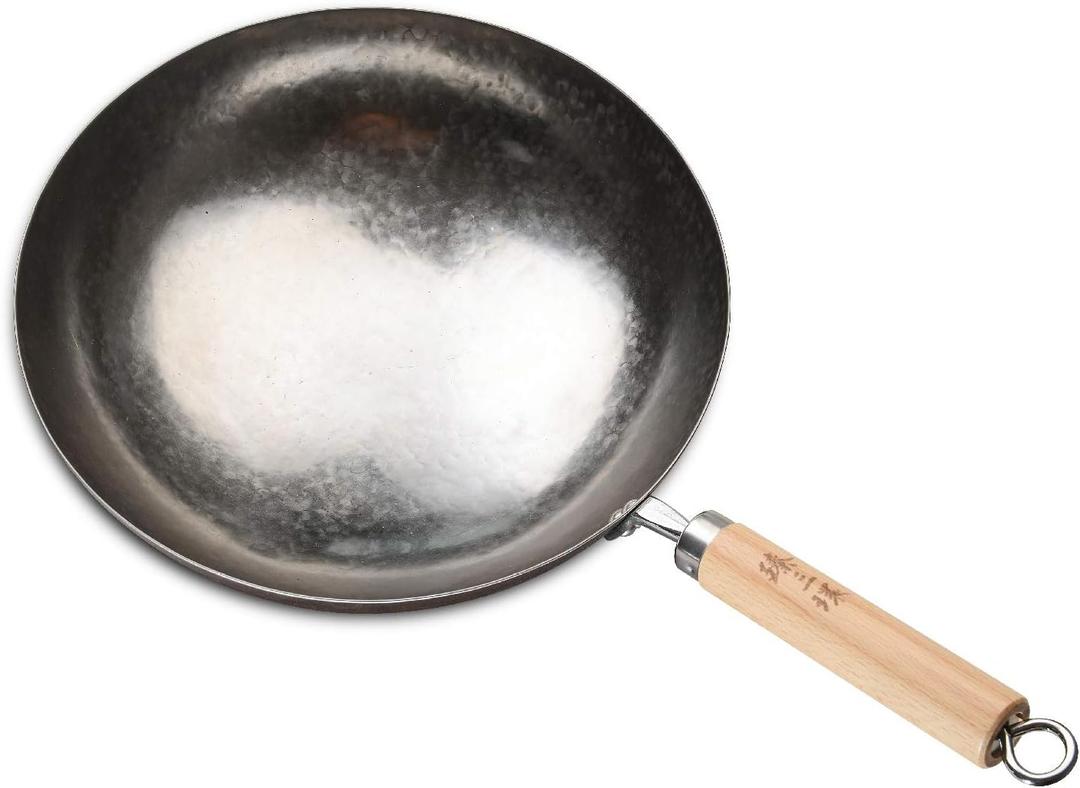 ZhenSanHuan Chinese Hand Hammered Iron Pow Woks and Stir Fry Pans Wooden Handle Round Bottom (30CM, Silver-Not Seasoned)