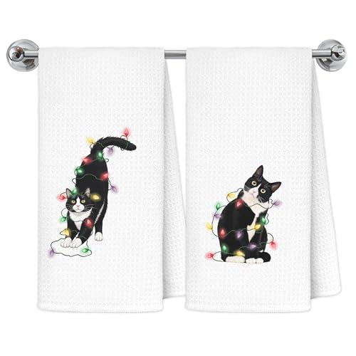 Exqcom Tuxedo Cat Christmas Kitchen Towels, Black and White Christmas Cat Dish Tea Towels for Kitchen Decor, Xmas Cute Kitty Decorative Hand Towel Bathroom Decor, 16x24 Inch Set of 2