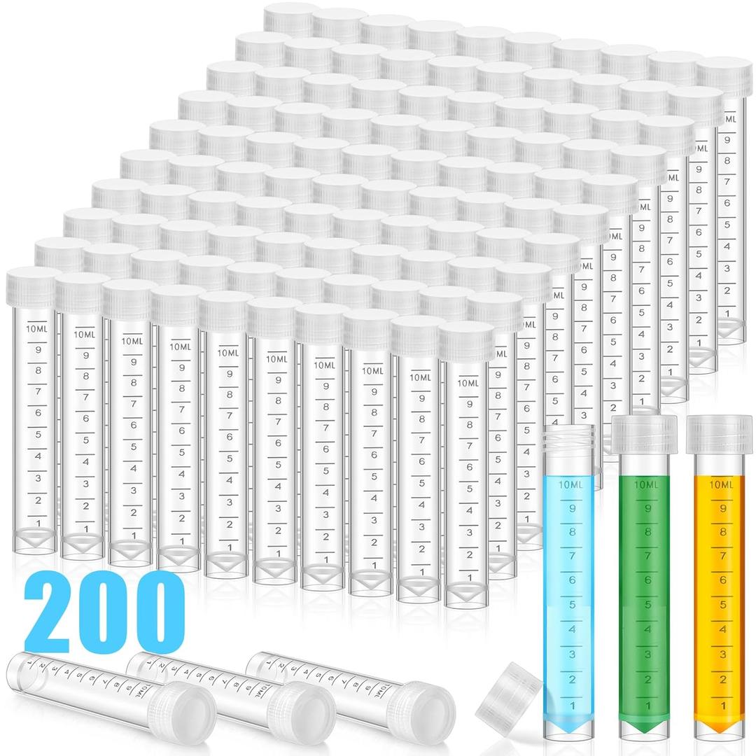 Kanayu 200 Pcs 10ml Plastic Test Tubes with Lids Vial Cap Container Small Storage Test Lab Tubes with Silicone Ring for Science Experiments Sample Liquid Party Decor Home Candy Storage