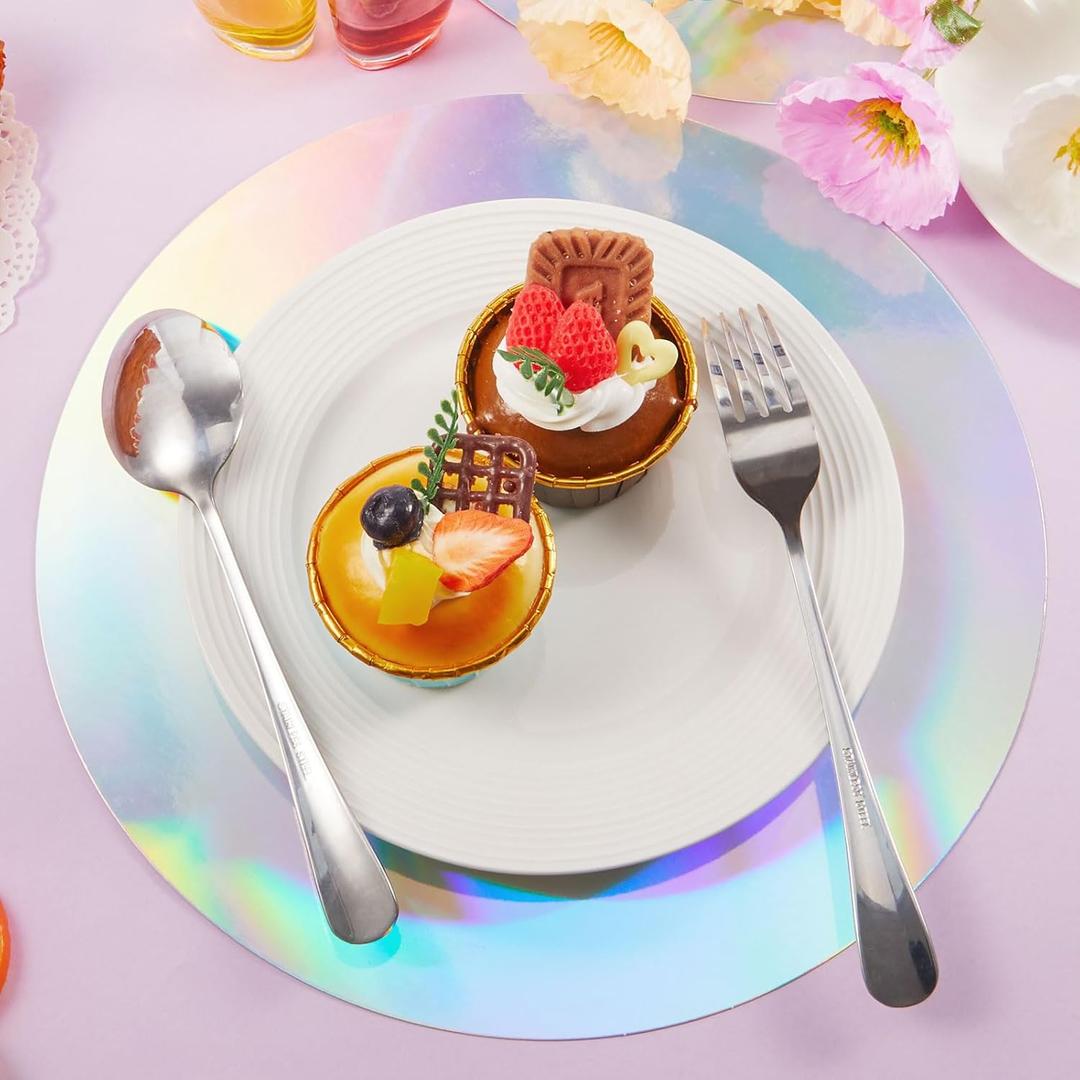 Kosiz 50 Pcs Iridescent Round Paper Placemat Bulk Disposable Iridescent Party Supplies Holographic Decorative Placemat for Mermaid Themed Events & Birthday or Wedding Party Decoration