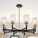 8 Light Gold Chandelier for Dining Room Light Fixtures Black & Brushed Brass Modern Farmhouse Chandelier Industrial Hanging Pendant Lighting for Living Room Kitchen with Glass Shade