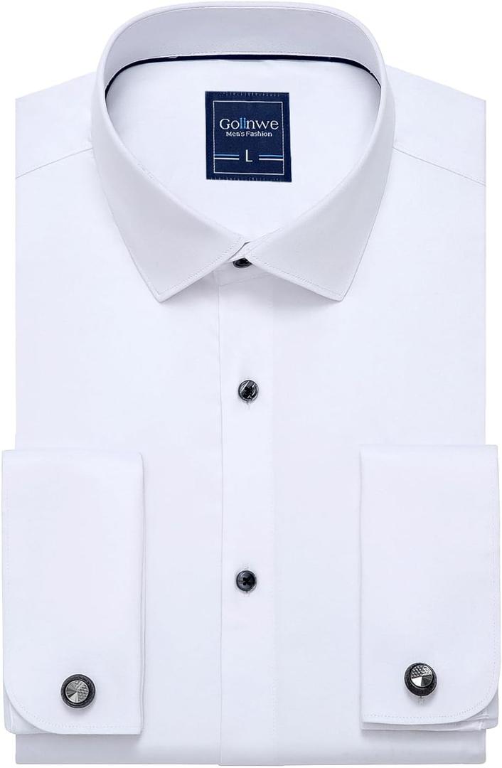 Gollnwe Men's Dress Shirt French Cuff Shirt for Men Slim Fit Stretch Spread Collar with Metal Cufflink (XX-Large, Light White)