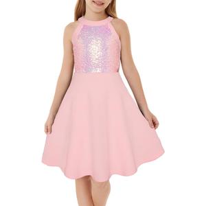 GRACE KARIN Girls Sequin Party Dress Holiday Birthday Dance Formal Halter Hollow-Out Trendy Prom Dresses (10 Years, Pink)