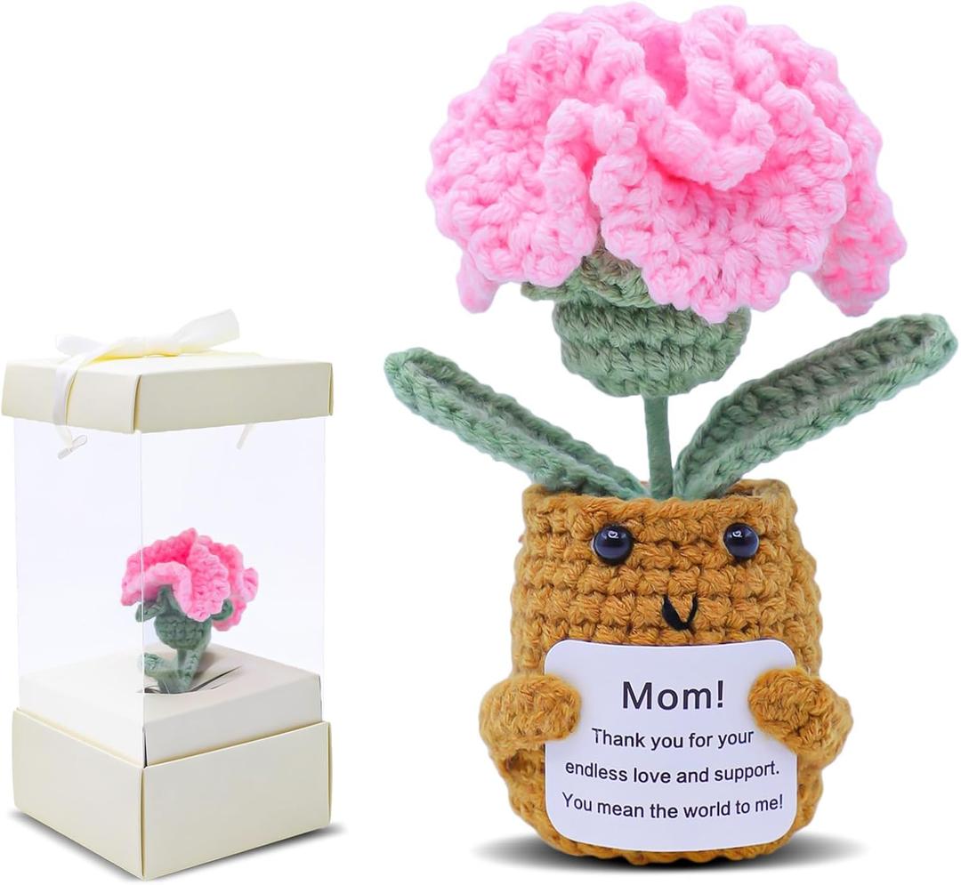 Mother's Day Decor Artificial Carnation Flowers Handmade Crochet Flower Bouquet Cute Knitted Flower Bouquet Kit Crochet Plant Potted Artificial Carnations Gift Box (Pink, 1pcs)