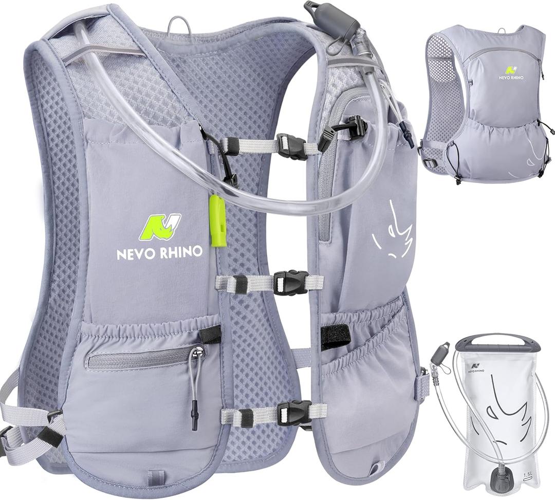 N NEVO RHINO Running Vest, Small Hydration Running Water Vest with 1.5L Water Bladder Bag, Lightweight Hydration Pack Backpack Multi-Pocket for Hiking Race Trail Marathon for Women Men (Gray)