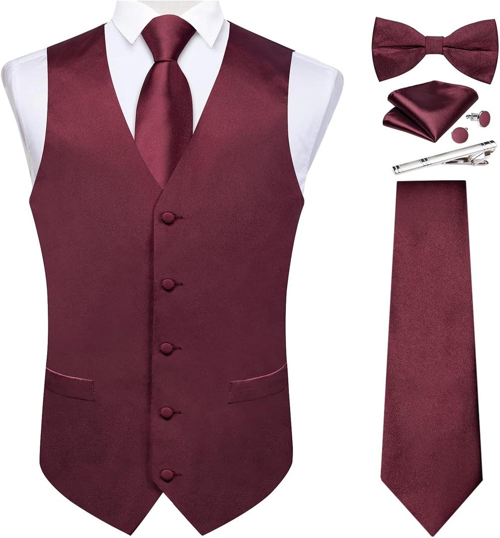 DiBanGu Suit Vest for Men Vest Set with Tie Bowtie Tie Clip Pocket Square Cufflinks 6Pcs Waistcoat (Large, Burgundy)