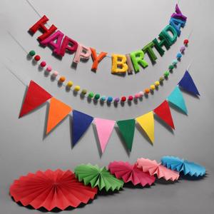 Pre-Strung Happy Birthday Banner, Reusable Felt Birthday Party Decorations, 3D Effect Happy Birthday Sign with Felt Ball Garland, Pennant Flag, Hanging Paper Fans for Men Women Boy Girls (Rainbow)