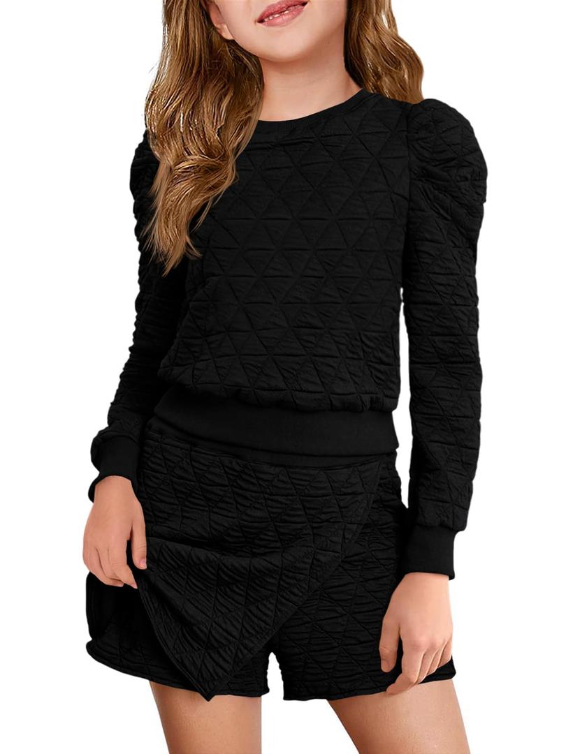 Haloumoning Girls 2 Piece Fall Outfits Clothing Sets Kids Puff Long Sleeve Argyle Sweatshirts and Wrap Skorts 5-14 Years (Black)