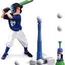 QDRAGON 2 in 1 T Ball Sets for Kids 3-5, 5-8, Tee Ball Set with Automatic Pitching Machine/Adjustable Batting Bat & Stand/6 Balls, Baseball Toys Outdoor Sport for Toddlers Boys, Blue