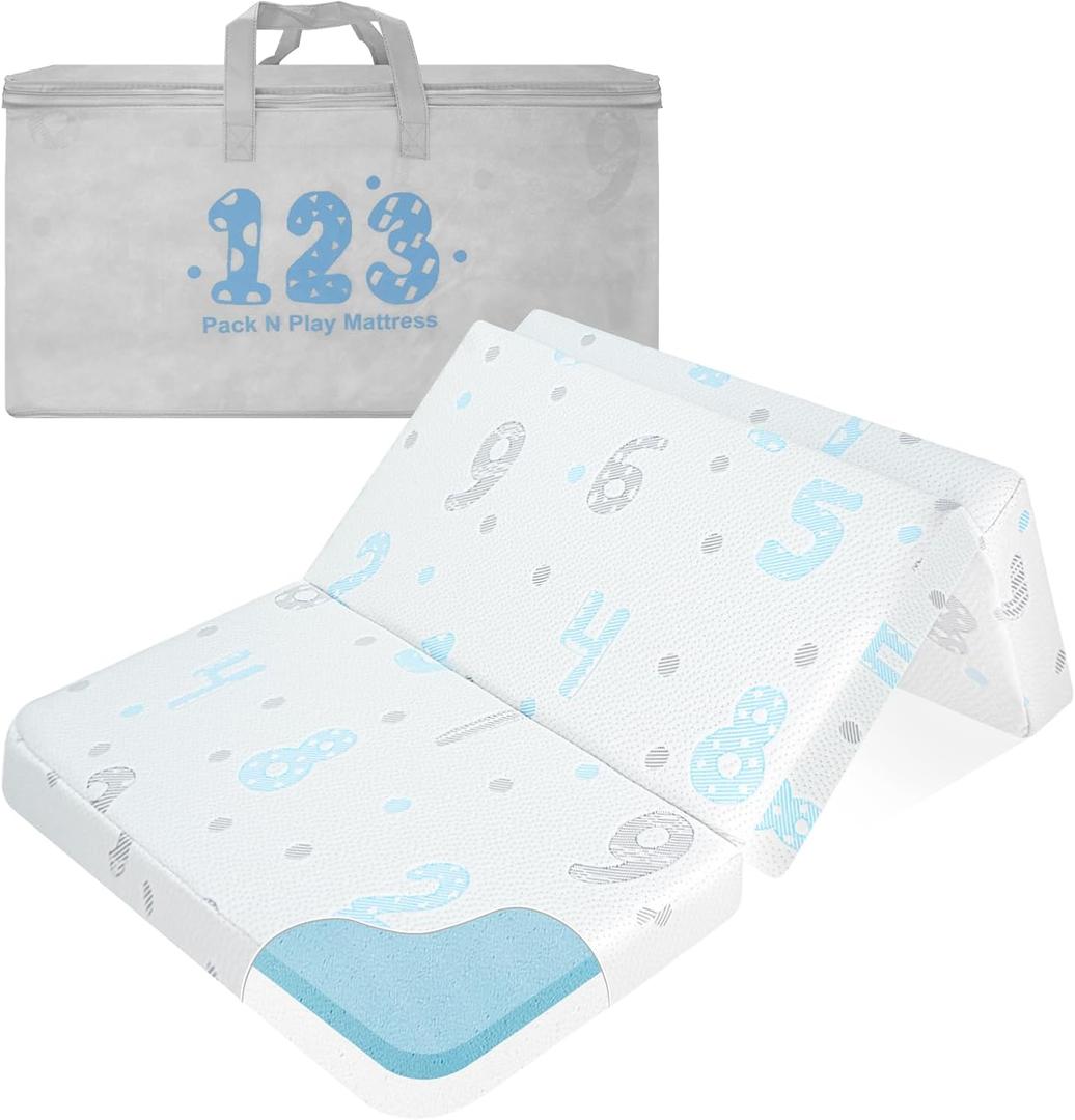 voomf Trifold Pack and Play Mattress Pad - 38"x26" Dual-Sided Memory Foam Pack N Play Mattresses - Foldable Portable Travel Baby Crib Mattress with Removable Cover