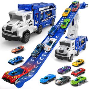 Transport Truck Toys for 3 4 5 6 7 Years Old Boys,Toys Cars Track Set Transporter Trucks with 12 Die-Cast Car Toys 2 Race catapults Dual-Track Model,Toddler Car Toy Set for Kids Boys Girls (Blue)
