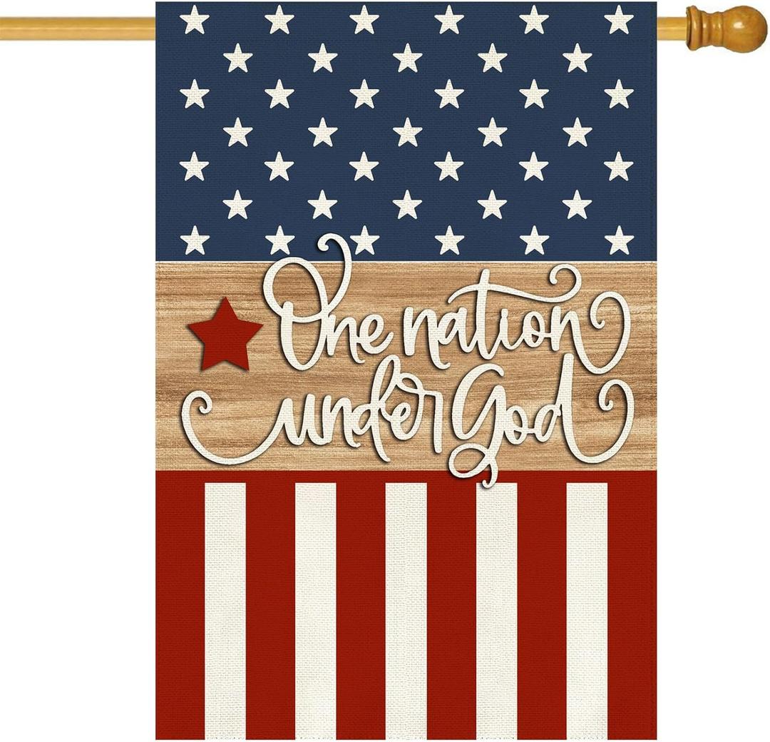 Baccessor Patriotic 4th of July House Flag 28 x 40 Inch Double Sided Burlap One Nation Under God Memorial Day Independence Day Large Yard Flag Holiday Farmhouse Seasonal Outdoor Outside Decoration