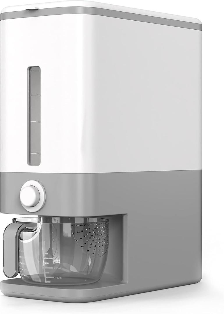 Proarea Rice Dispenser 25 Lbs, Airtight Grain Rice Storage Container with Measuring Cup, One-Touch Dry Food Dispenser for Kitchen Pantry, Clear Scale Window, Grey, XX-Large Holds 25 lbs