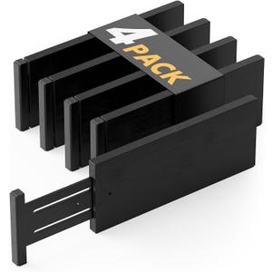 SpaceAid Bamboo 4 Pack Dresser Drawer Dividers, 4.65 High Adjustable 12.5-17 Drawer Organizers, Expandable Organization for Clothing, Clothes, Dressers, Black