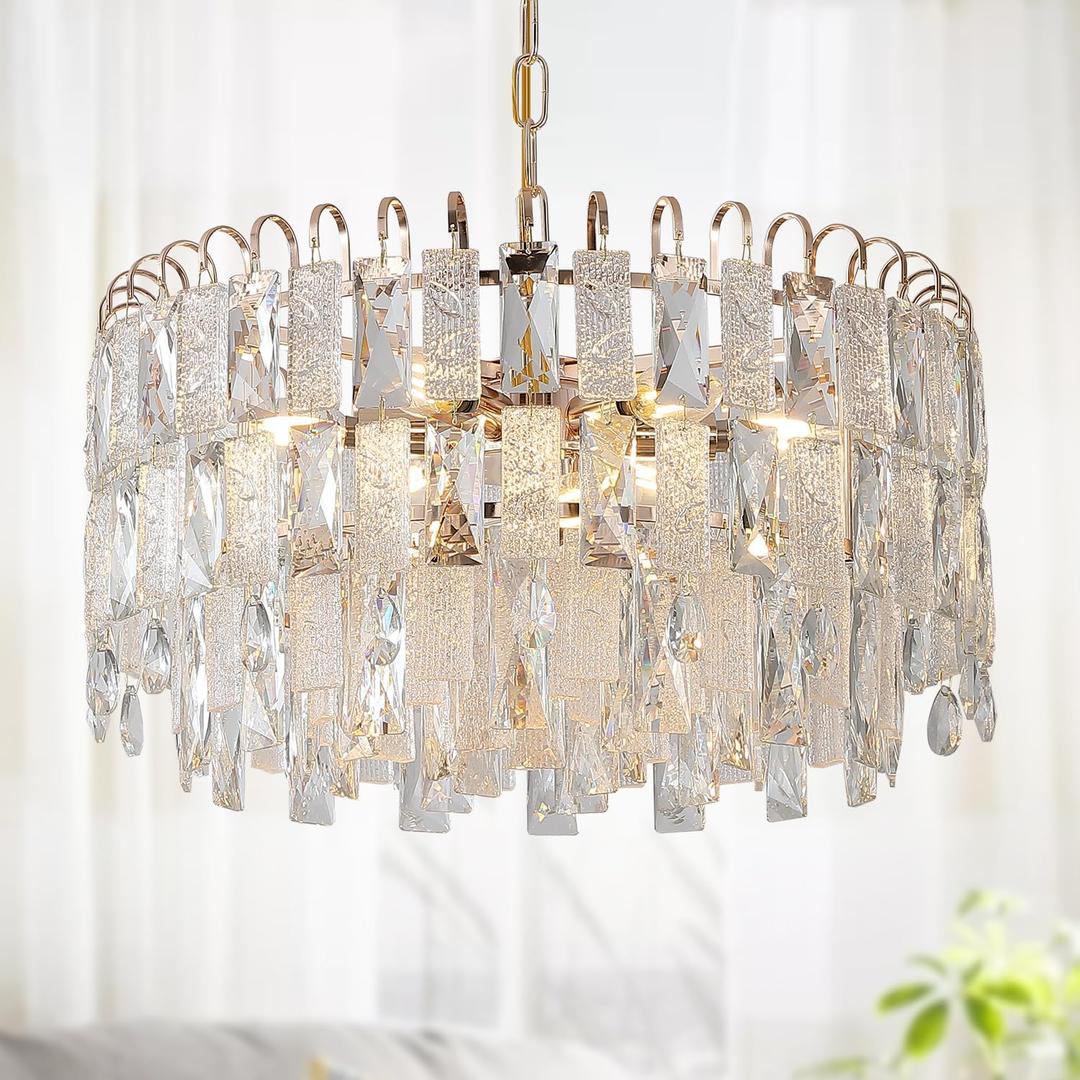 20" Modern Gold K9 Crystal Chandelier 9-Light 4 Tiers Crystal Lighting Fixture Luxury for Living Room Dining Room Bedroom Kitchen Foyer Entryway, E12