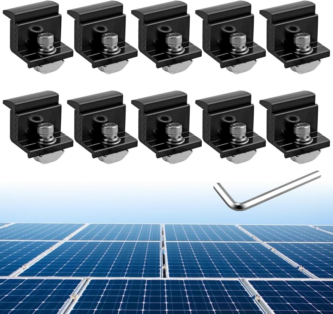 Anbte 10pcs Solar Panel Mounting Brackets 30-50mm Adjustable, Aluminum Solar Panel End Clamp Include 10*Screw M8 and 1*Wrench, Solar Mount Kit for Metal Roof, Tin Roof, Flat Roof, Sheet Roof, Black
