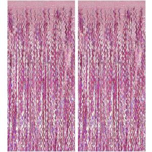 Pink Streamers Fringe Backdrop Tinsel Foil Fringe Curtains Wavy Backdrop for Parties Sparkle Metallic Wavy Foil Fringe Backdrop Curtain Photo Booth Props for Birthday Wedding (2 Pack)