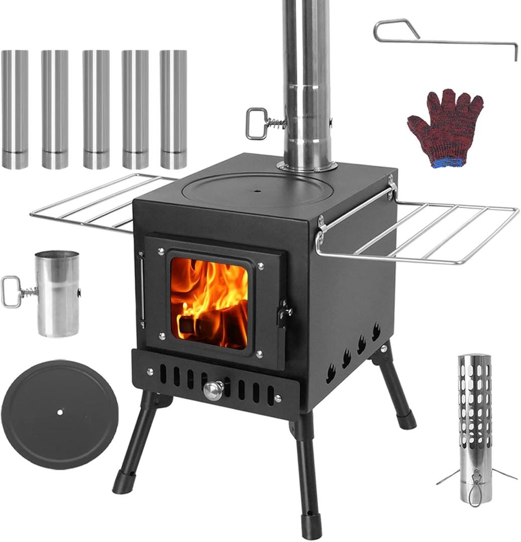 Wood Burning Stove, Wood Stove With Chimney Pipes, Small Camping Wood Stove With Anti-Spark and Adjustment Pipe for Hunting,fishing,Cooking,Heating,Drying Clothes double-layer Hot Tent Stove