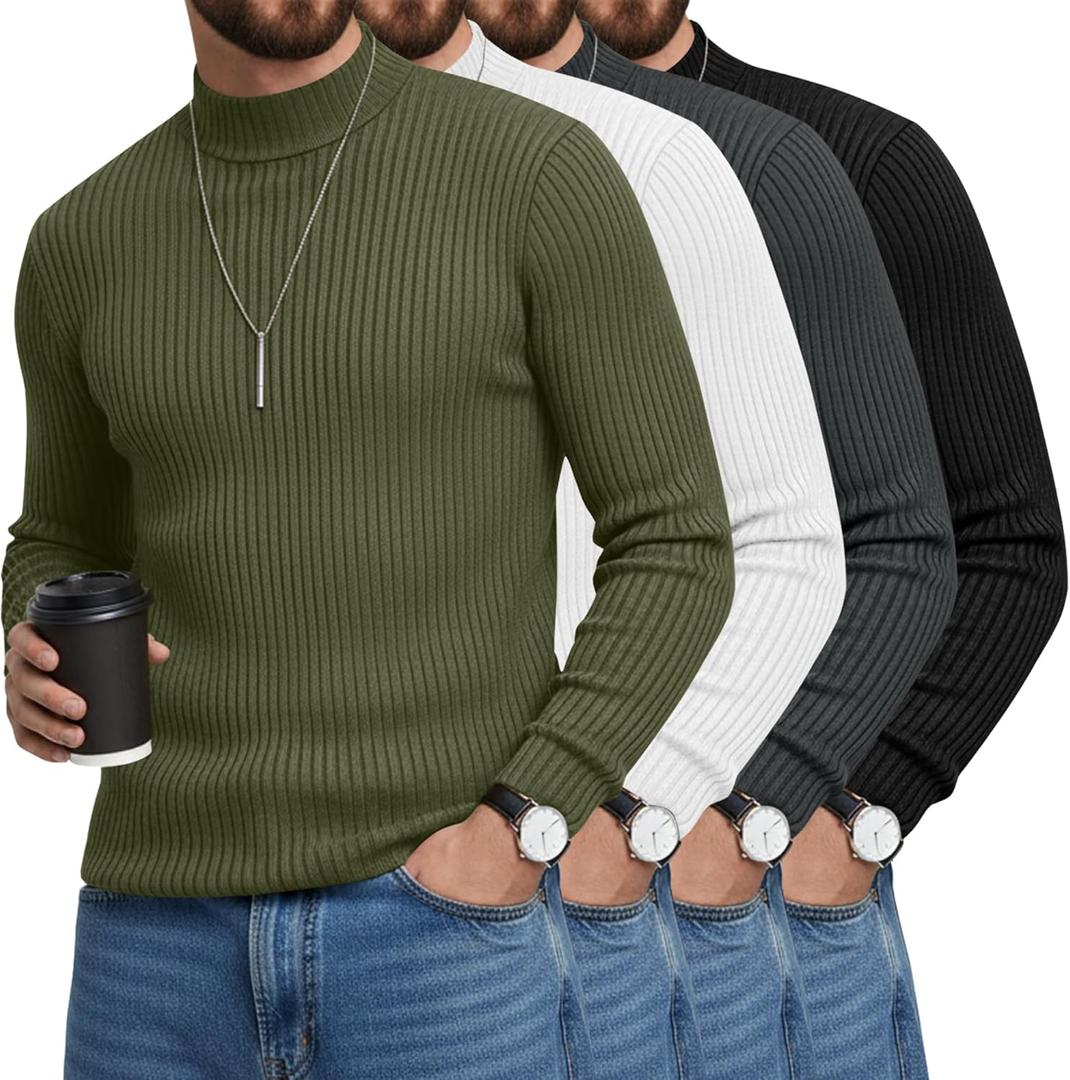 4 Pack Men's Mock Turtleneck T-Shirts Cotton Ribbed Knitted Long Sleeve Pullover Slim Fit Casual Basic Sweaters (Large, Army Green, White, Dark Gray, Black)