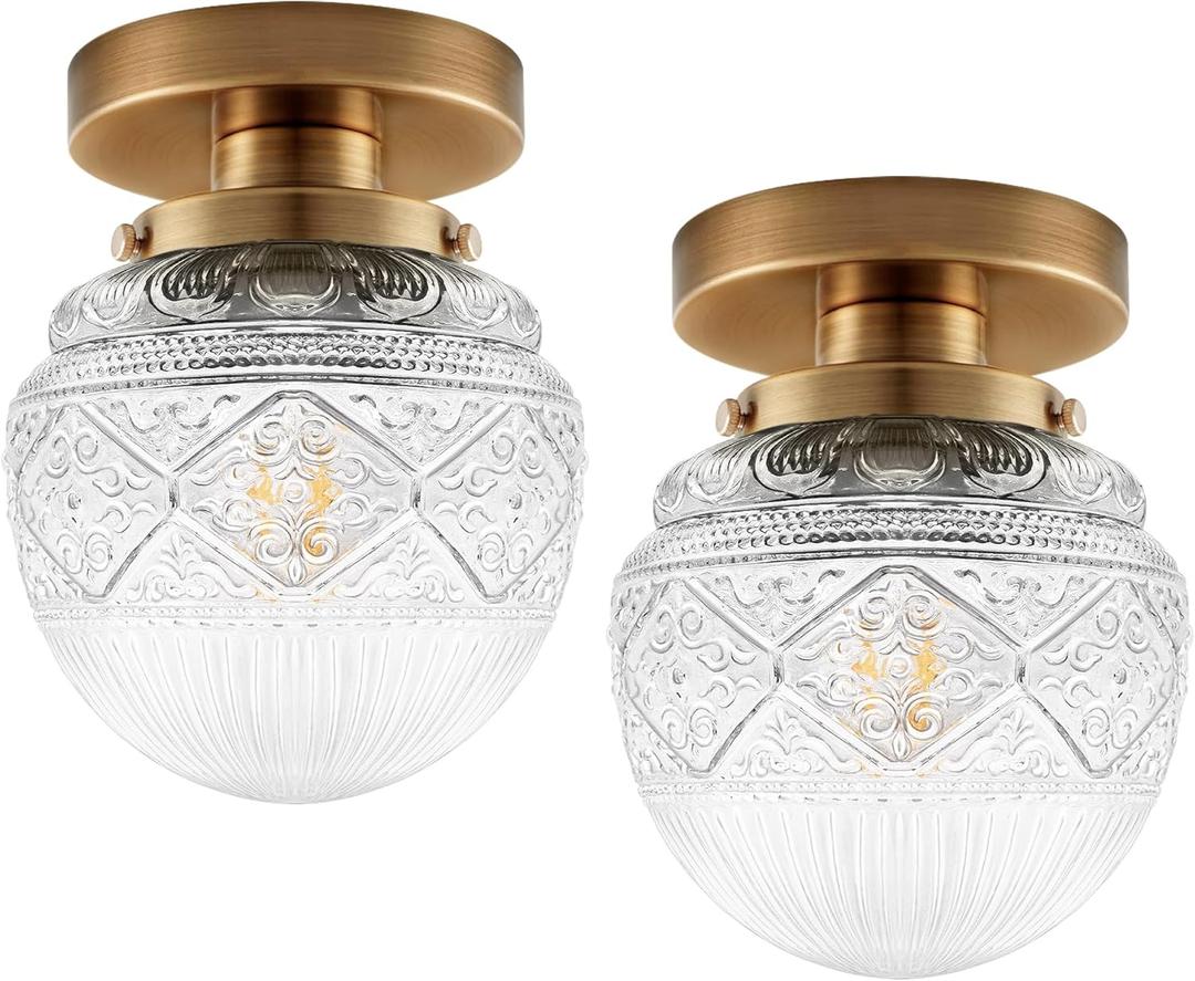2-Pack Semi Flush Mount Ceiling Light Fixture,Gold Small Globe Glass Ceiling Lights,Vintage Hallway Light Fixtures Ceiling,Close to Farmhouse Lighting Fixtures for Kitchen Entryway (5.91 Inch-2Pack)