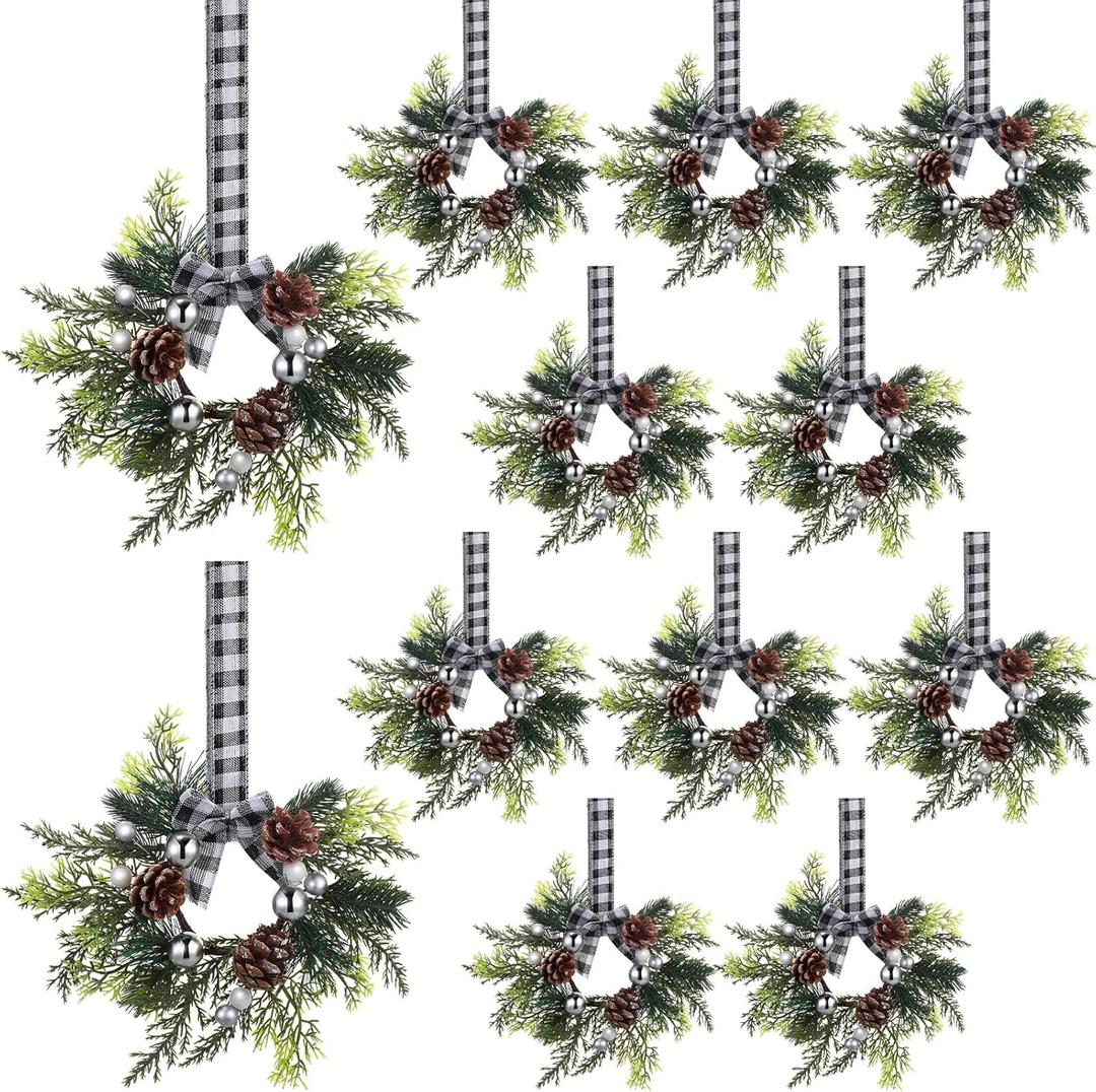 Zeyune 6 Pcs Christmas Kitchen Cabinet Wreaths with Plaid Bow 14.96 x 7.87 Inch Hanging Christmas Cabinet Doors Wreaths Decorative for Kitchen Window Outdoor Indoor Xmas Holiday Decor