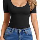 MANGOPOP Women's Scoop Neck Slim Fitted Short Sleeve Double Lined T Shirt Tight Basic Tops Y2K Tee, Black, Medium