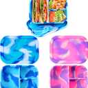 Layhit 2 Pcs Silicone Bento Box Reusable 3 Compartment Silicone Bento Lunch Container for Adults Microwave Dishwasher Freezer Safe (Pad Dyeing Colors)