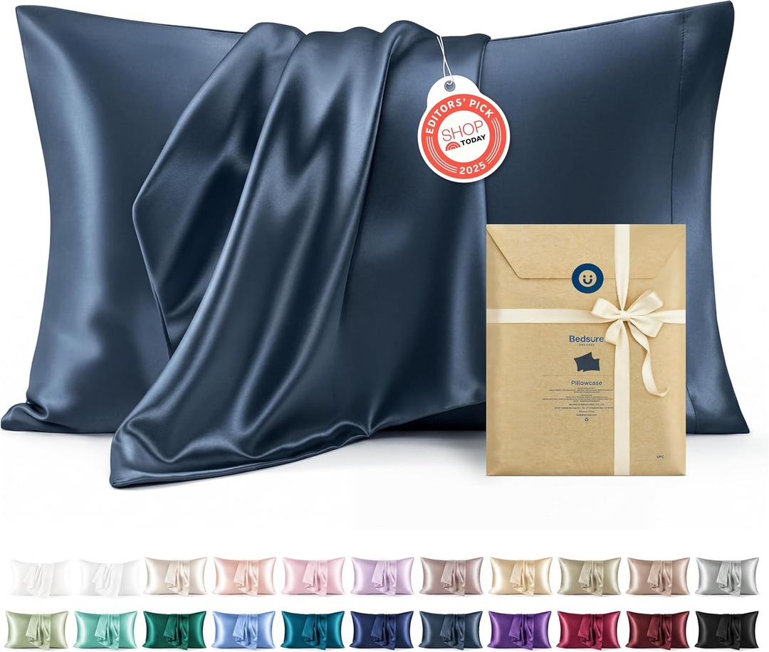 Bedsure Satin Pillowcases, Similar to Silk Pillow Cases Queen Size Set of 2, Pillow Case for Sleeping Women with Envelope Closure, Gifts for Women Men, Blue, 20x30 Inches, 2pcs