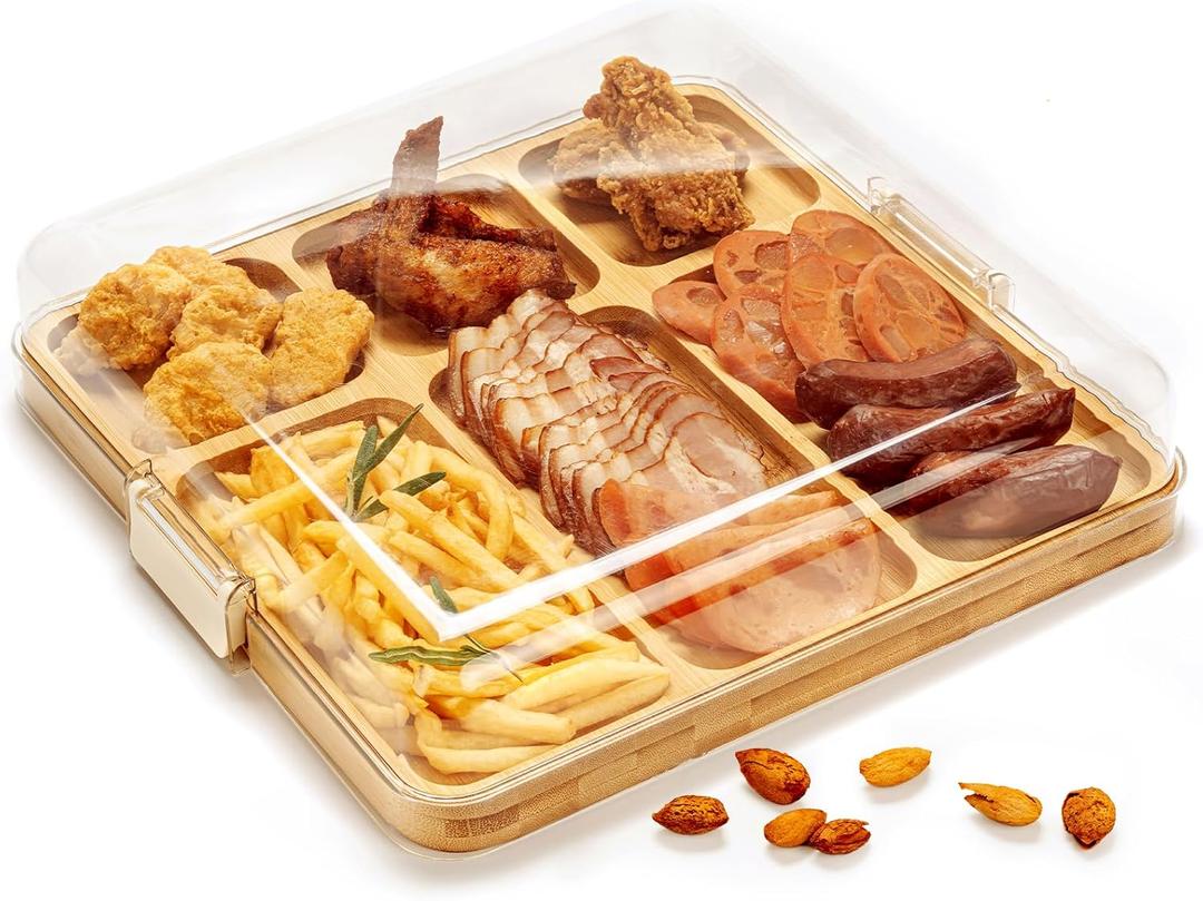 Charcuterie Boards, Bamboo Charcuterie Board with Lid, Cheese Board with Buckle Locking, Cutting Boards for Kitchen, House Warming Gifts New Home, Gifts for Women, 6 Compartments