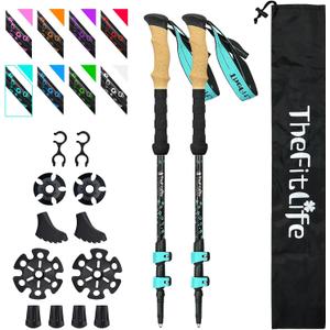 TheFitLife Carbon Fiber Trekking Poles  Collapsible and Telescopic Walking Sticks with Natural Cork Handle and Extended EVA Grips, Ultralight Nordic Hiking Poles for Backpacking Camping (Turquoise)