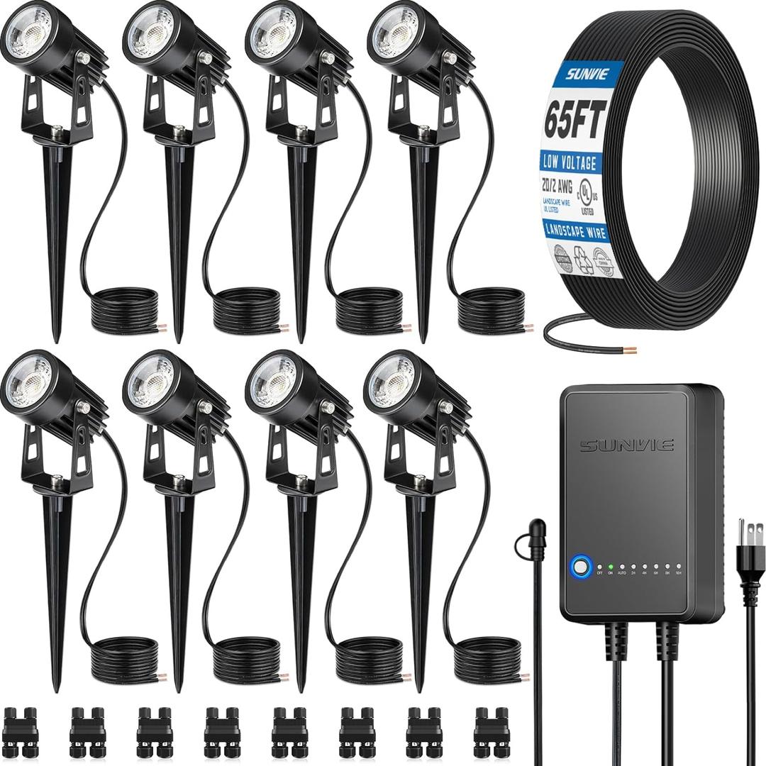 SUNVIE All-In-One LED Landscape Lighting Kit, 8-Pack Low Voltage Landscape Lights with Transformer and 65FT UL-Listed Wire, 3000K Waterproof Outdoor Uplights with Connectors for Yard House Garden Tree