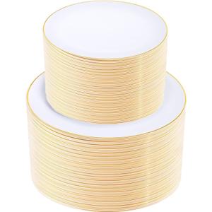 KIRE 200PCS Gold Plastic Plates - Disposable Plates for Party - White Plastic Plates with Gold Rim Include 100 for Dinner and 100 for Dessert/Salad in Wedding/Party/Spring/Graduation/Mother's Day
