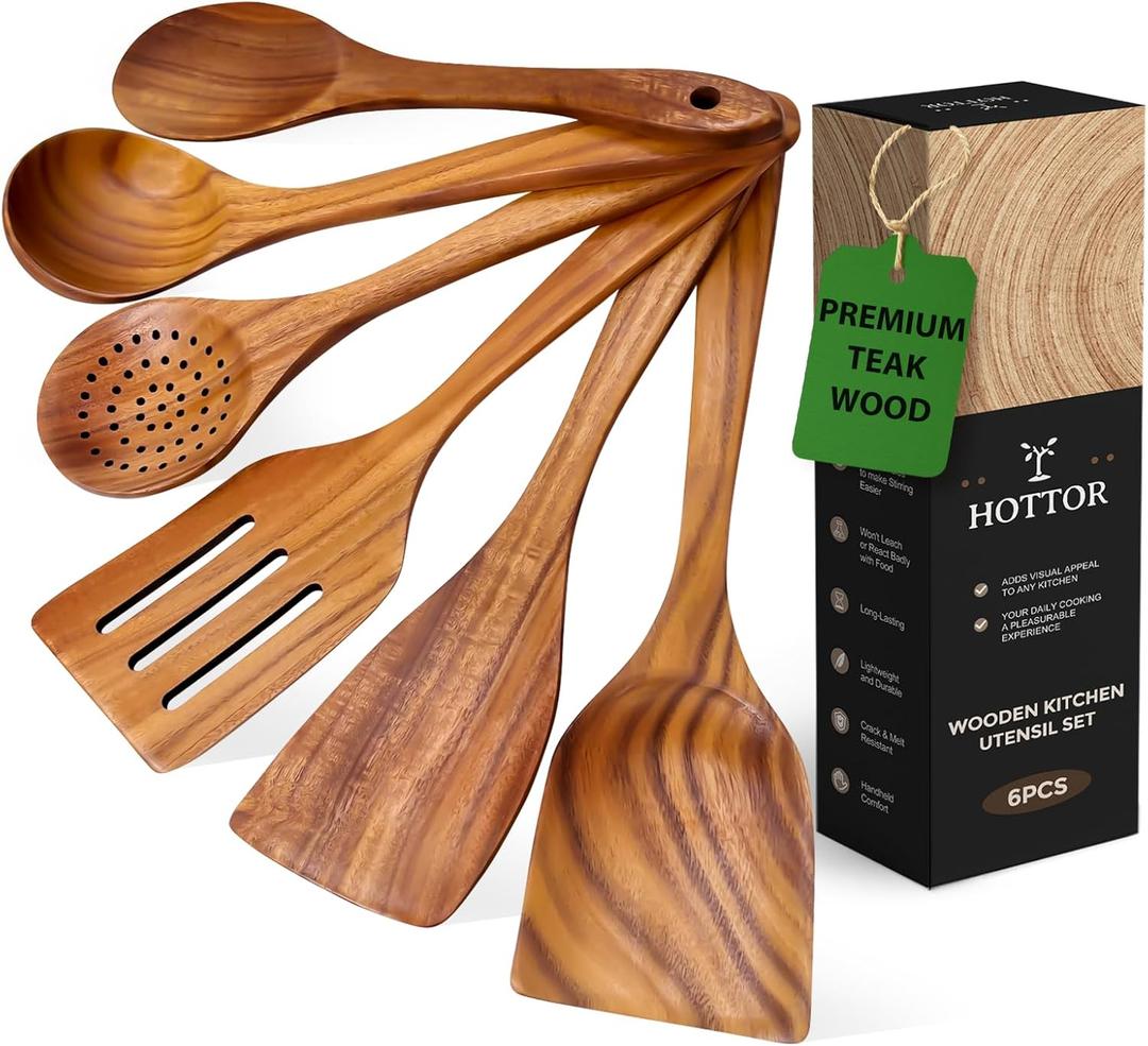 6 Piece Teak Wooden Utensil Set, Comfort-Grip Wooden Spoons for Cooking, Smooth Finish Wood Kitchen Utensils Set, Non-Stick Wood Spatula for Cooking