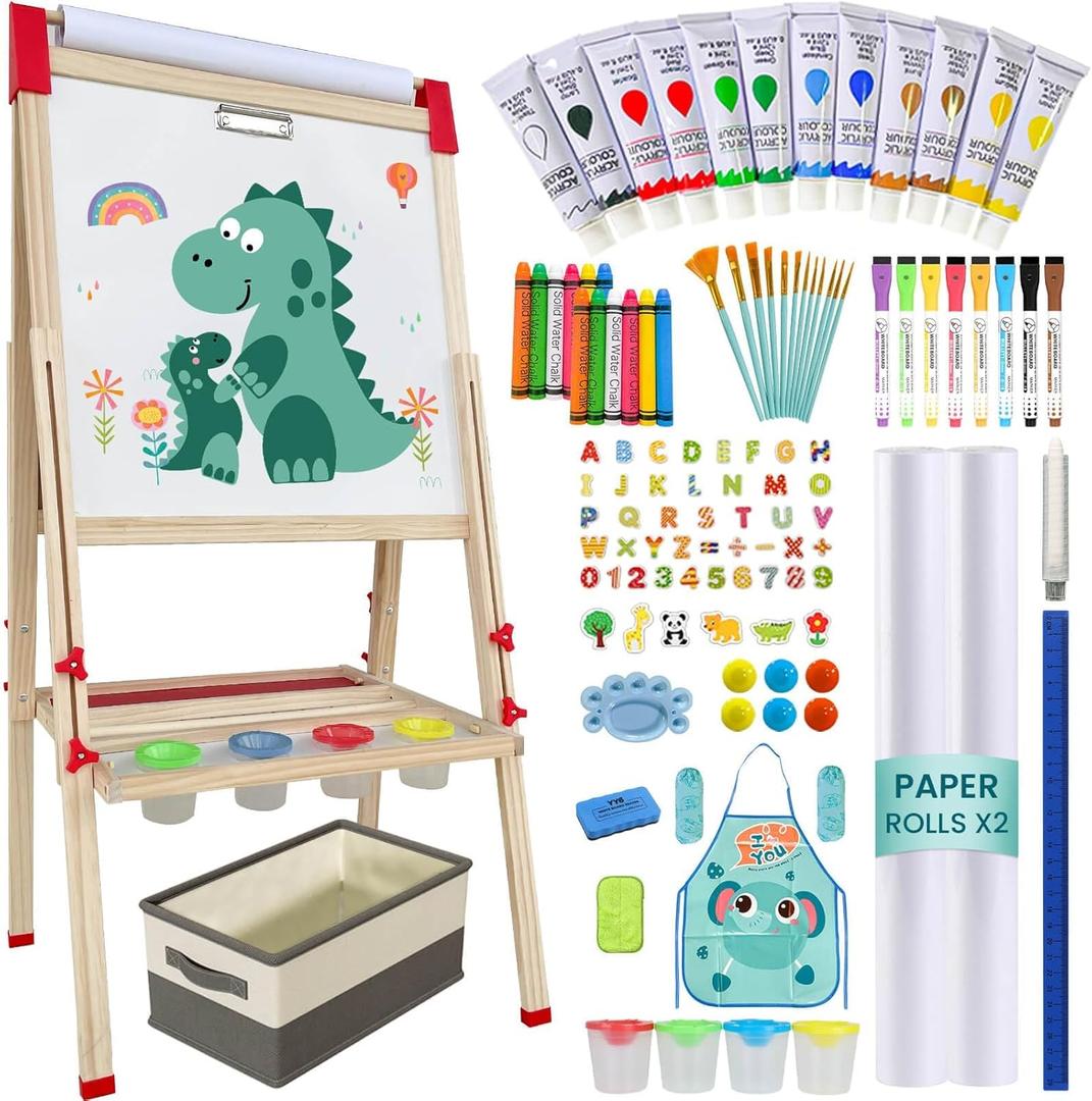 Easel for Kids,Adjustable Wooden Art Easel for Kids,114+ Art Supplies,Double Sided Magnetic Chalkboard and White Board for Kid,Drawing and Painting for Aged 2-4,5-7,8-12,2 Paper Rolls, 21.65" X 27.8" X 1.18"