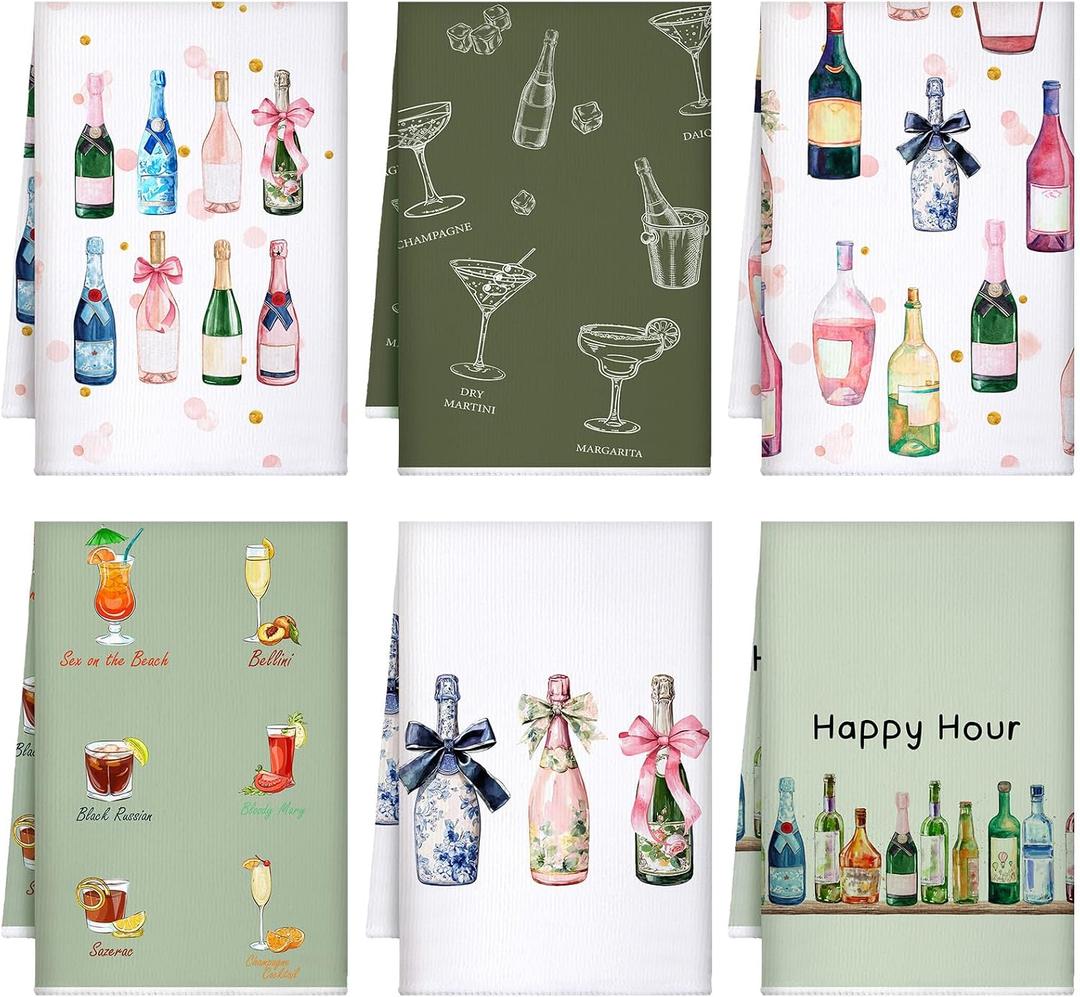 Hahafelt 6 Pcs Bar Cart Kitchen Towels Hostess Gifts for Champagne Cheers Decorative Hand Towels for Champagne Lover Gifts Tea Cloths Bar Decor 24 x 16''
