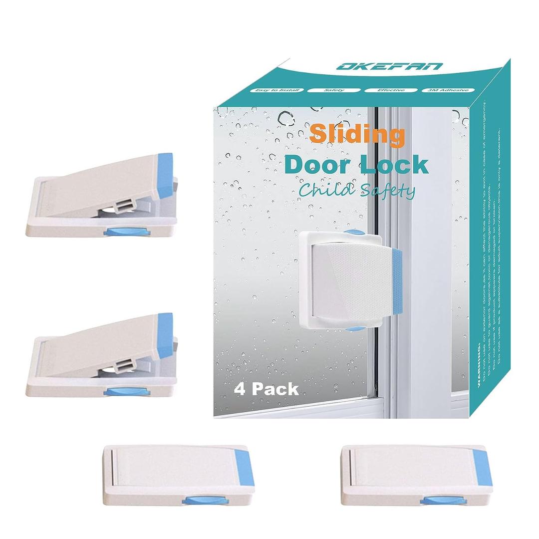 Sliding Glass Door Child Lock - OKEFAN 4 Pack Baby Safety Slide Window Locks for Kids Proof Patio Closet Doors No Drilling Tools Needed (Blue)