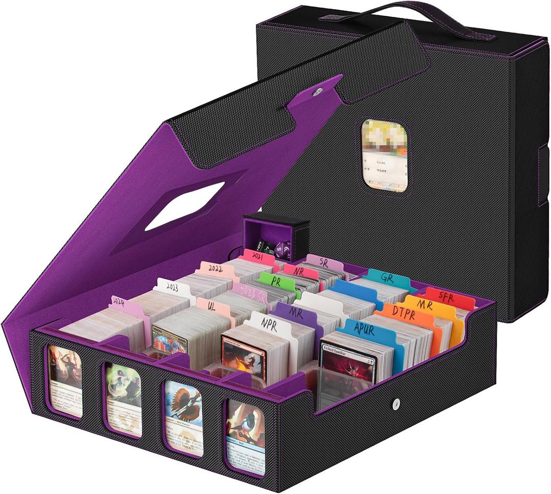 Trading Card Storage Box - 3200+ MTG Deck Box with Commander Display & Portable Handle, 4-Row Card Case Compatible for MTG/TCG/Magic Cards, 30 Colorful Dividers, 8 Card Supporters (Black & Purple)