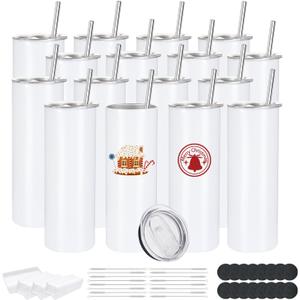 16 Pack Sublimation Tumblers Edge Blanks Skinny Straight Bulk 20 oz, Stainless Steel Double Wall Insulated Tumbler with Straw & Lids for Heat Transfer, White