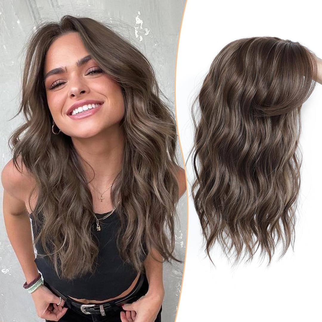 PANEWAY Hair Topper 16Inch Hair Toppers For Women Wavy Curly Brown Highlights Clip In Synthetic Wiglets for Women