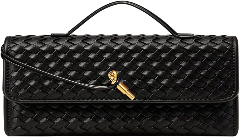 JYG Woven Handbag for Women Fashion Evening Shoulder Bag PU Leather Handmade Clutch Purse Casual Crossbody Bags 2024 (Dark Black)