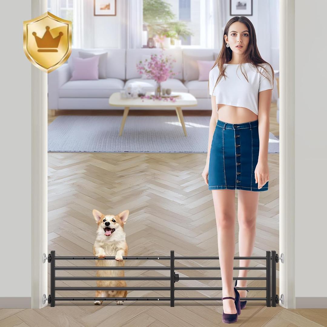 Malier Indoor Dog Gate with Door, 34-55" Extra Wide Full Metal Pet Gate Short Dog Gate for Stairs, Pressure Mount 10'' Tall Small Puppy Low Gate Easy Step Over for Doorways (Black)