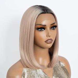 NOBLE Light Pink Bob Wigs for Women T Part HD Lace Front Wigs Colored Ombre Blonde Synthetic Long Bob Wigs for Party and Daily Use (Light Pink with Dark Root Color) (12.5 Inch (Pack of 1))