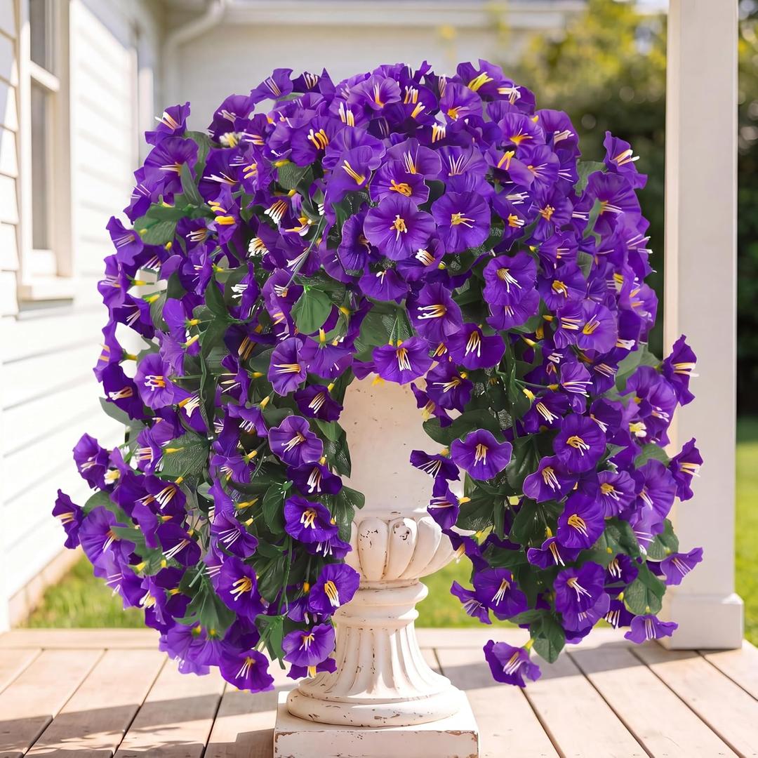 Sggvecsy Artificial Fake Hanging Flowers Plants for Outdoor Outside Spring Summer Decoration 2PCS Faux Silk UV Resistant Realistic Morning Glory Trailing Vines for Home Porch Patio Balcony(Purple)