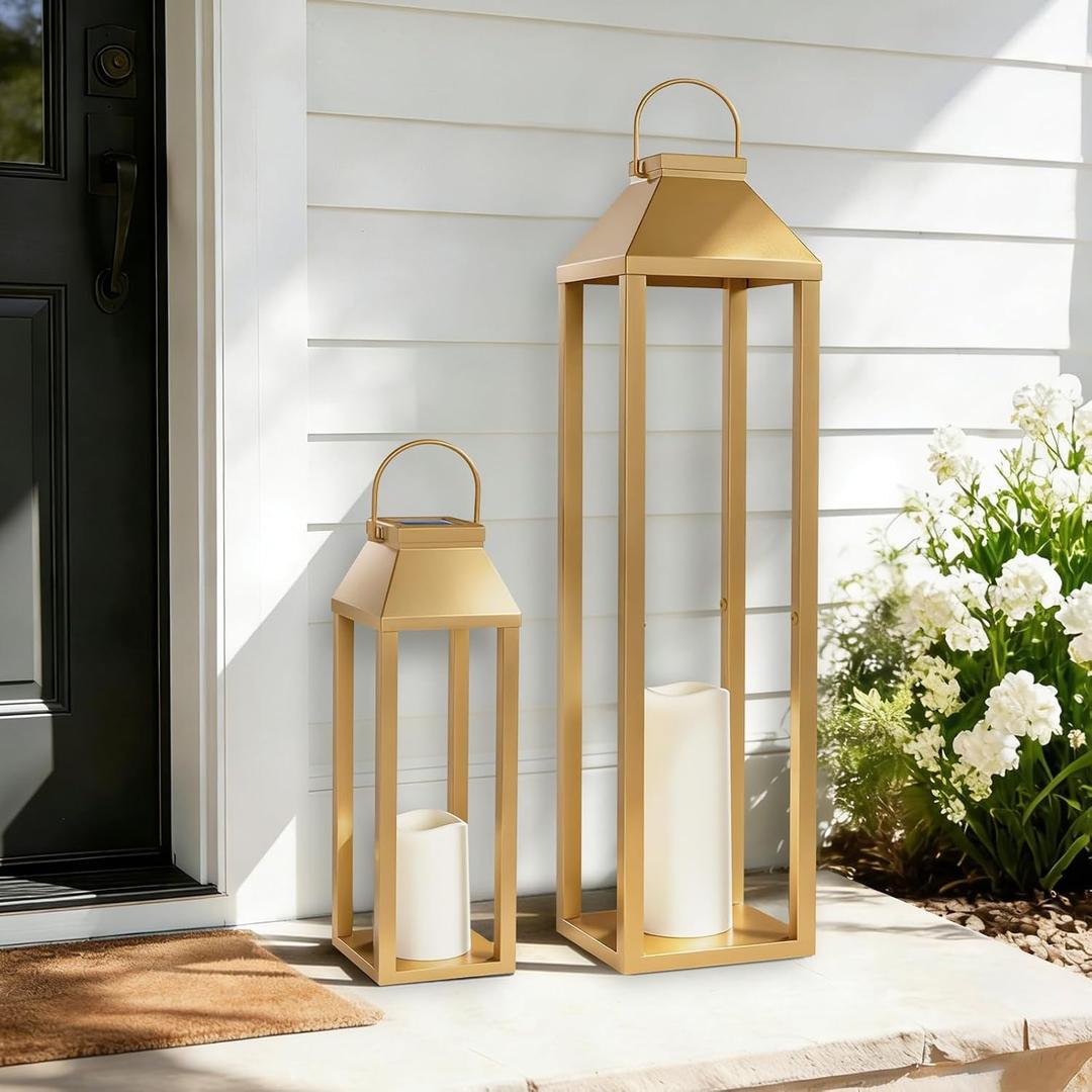 Large Outdoor Solar Lanterns Waterproof, Tall Farmhouse Black Metal Decorative Lanterns Solar Lights Outdoor for Front Porch Decor Outdoor Patio, Garden, Balcony, Porch, 27.6",16.3"-Set of 2 Gold