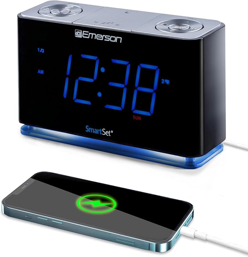 Emerson CKS1507 Smartset Radio Alarm Clock, 1.4" Blue LED Digital Display, USB Charging Port, Brightness Dimmer Controls, Bluetooth Connectivity, Set Alarm to Radio, Music, or Buzzer, Black